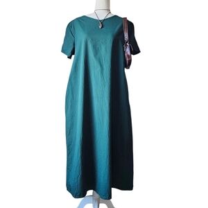 Green 100% Cotton Relaxed Midi Dress with Pockets
